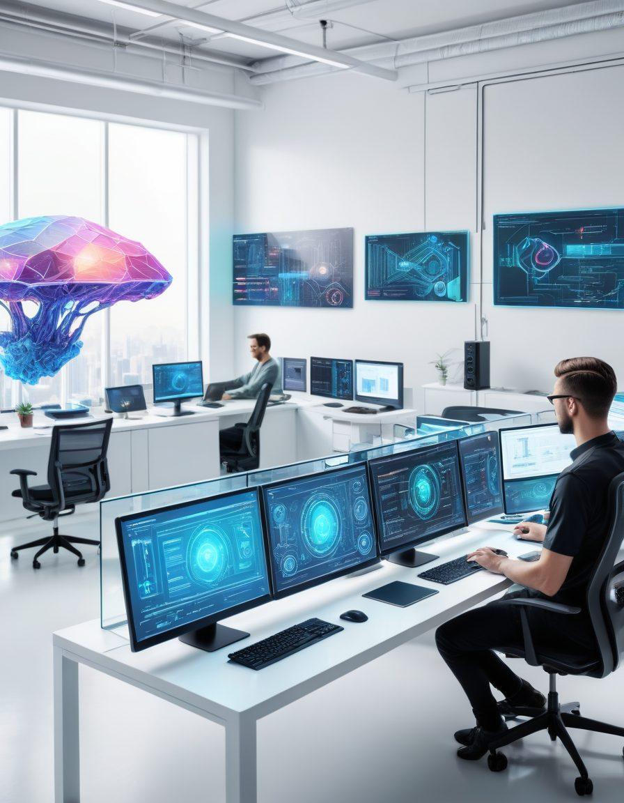 A futuristic, sleek workspace with holographic interfaces showing various stages of web development—design, coding, testing, and deployment. Illustrations of cybersecurity elements like locks and shields to emphasize security. Web developers collaborating seamlessly in a high-tech environment. Super-realistic. Vibrant colors. White background.