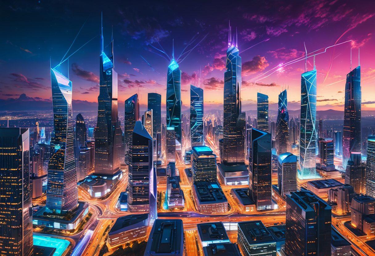 A futuristic cityscape with towering skyscrapers representing web development, seamlessly interconnected with digital pathways symbolizing SEO services. The pathways pulse with vibrant data streams. In the background, a glowing skyline showcases the continuous elevation of digital footprints. super-realistic. vibrant colors. high-tech. modern.