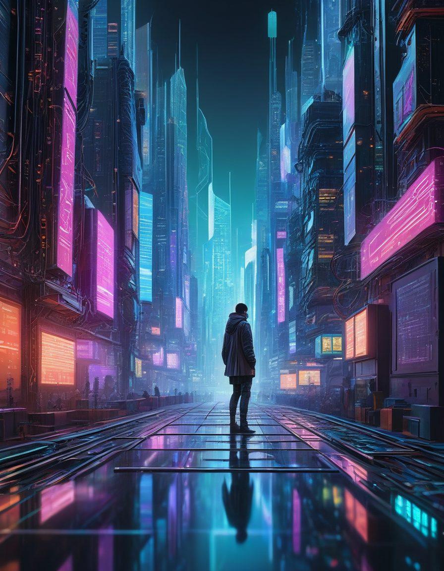 A futuristic cityscape integrating digital elements: towering skyscrapers made of circuit boards, web-like pathways extending to various devices, and holographic interfaces. A figure, symbolizing a web developer, commands these elements with code flowing from their hands. super-realistic. vibrant colors. cyberpunk.